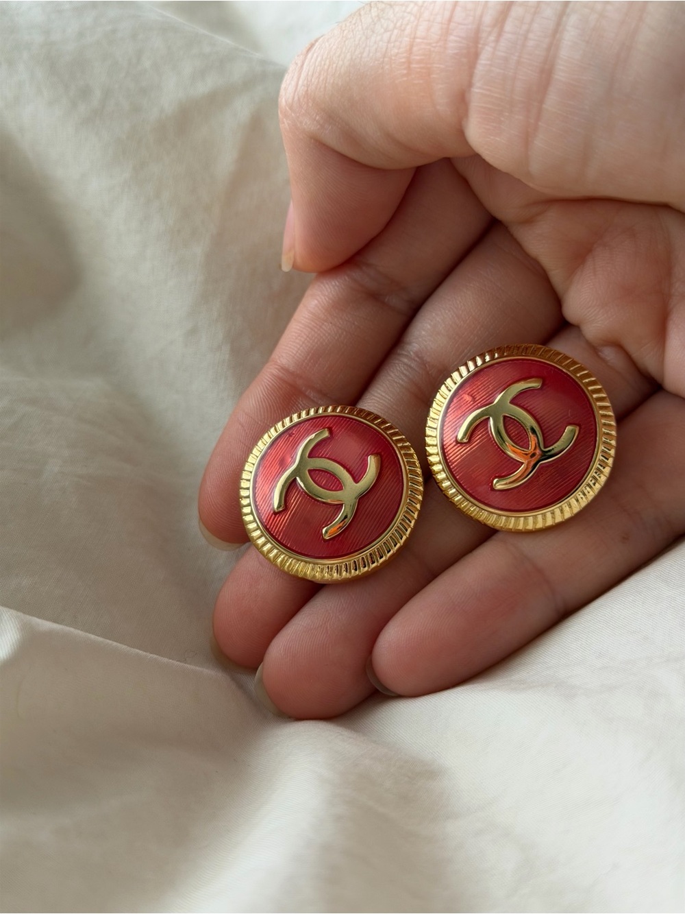 CHANEL Gold-Tone CC Pinkish Red Enamel Earrings - Picture 8 of 14